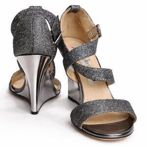 Jimmy Choo Fearne Mirrored Wedge Strappy Heels US 7 Glitter Silver Cocktail